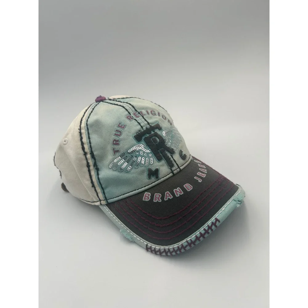 True Religion Distressed Trucker Hat Sequin Wings Mesh Back Multi-Color Cap